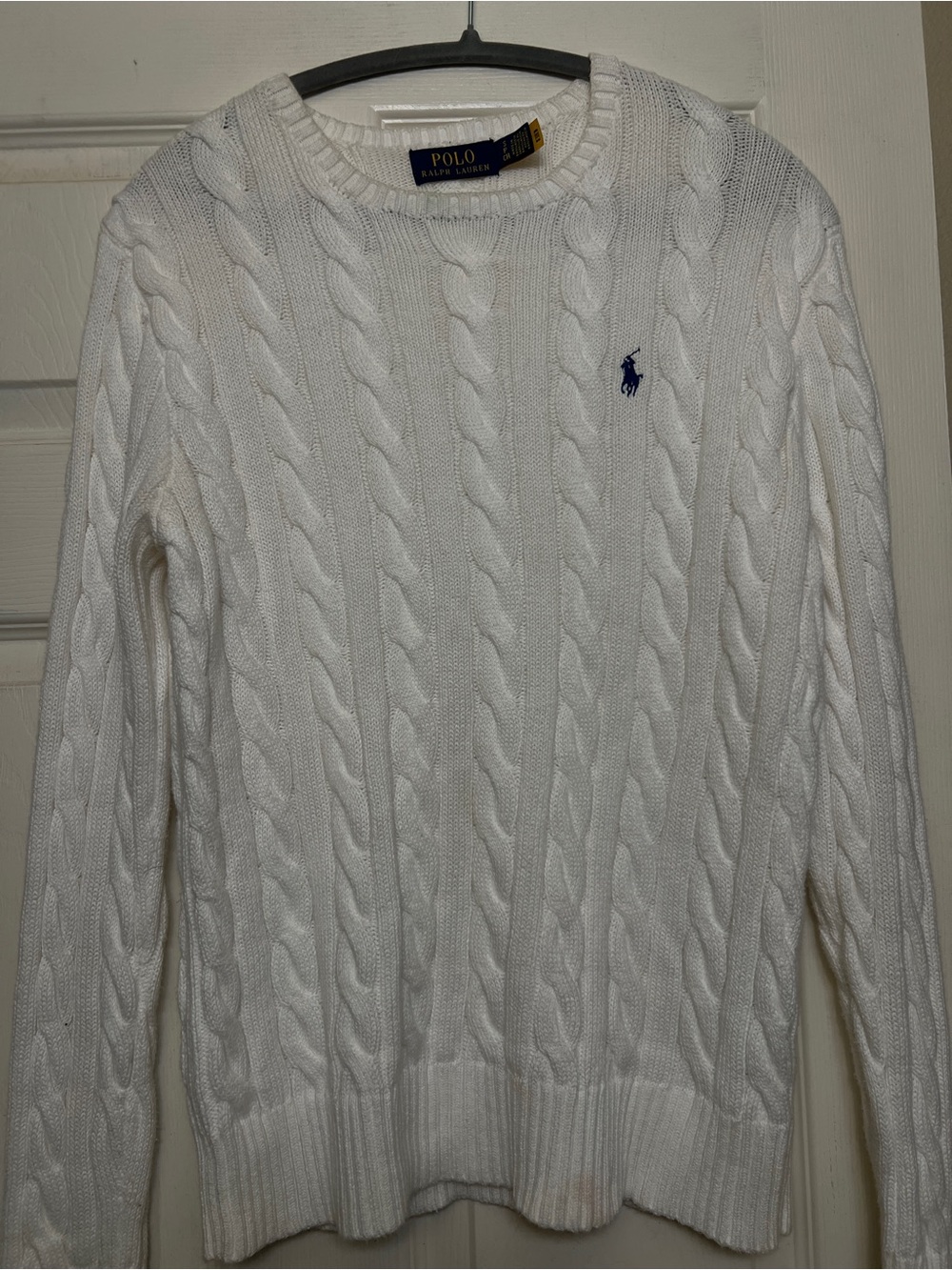 Polo by Ralph Lauren White Cable-Knit Crewneck with Blue Pony